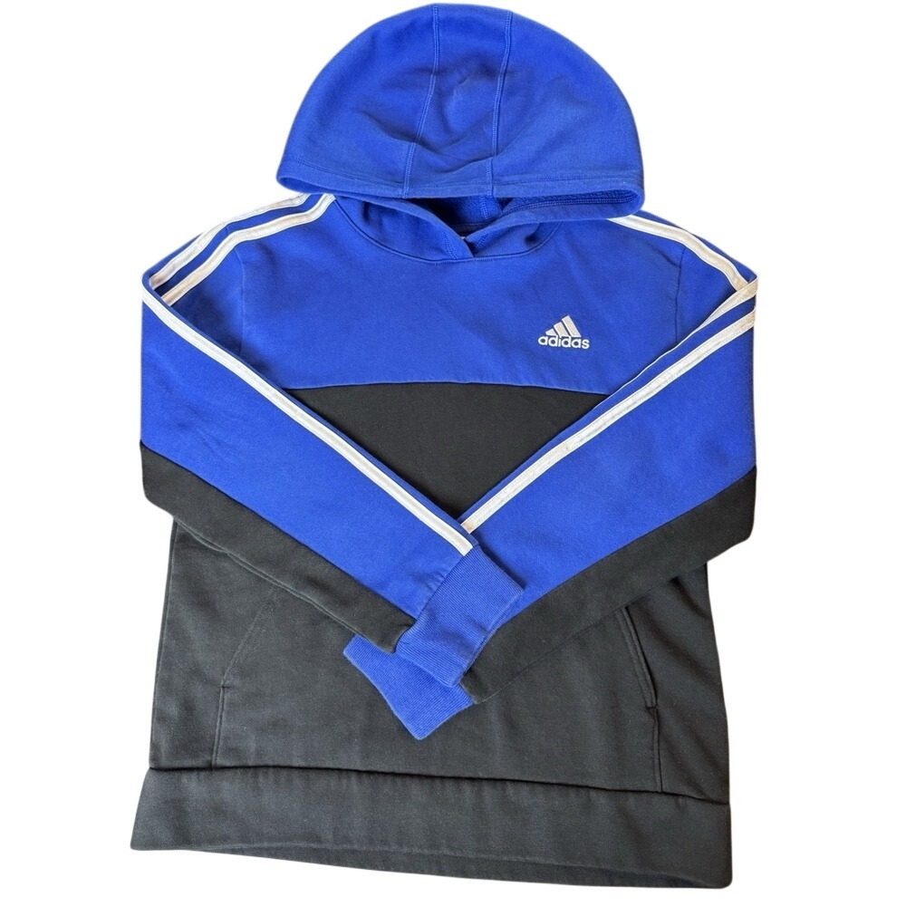 Boys Blue Black Color Block Hooded Adidas Sweatshirt Size 10 12 Large Hoodie